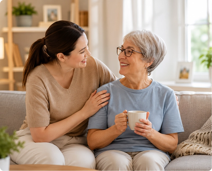Caregiver sitting with senior woman at home